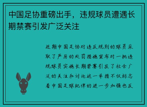 中国足协重磅出手,违规球员遭遇长期禁赛引发广泛关注 中国足协重磅出手,违规球员遭遇长期禁赛引发广泛关注