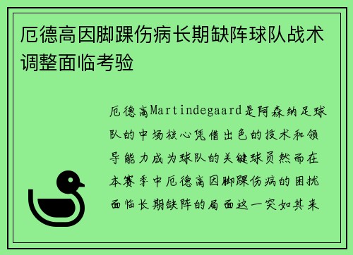 厄德高因脚踝伤病长期缺阵球队战术调整面临考验