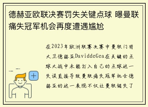 德赫亚欧联决赛罚失关键点球 曝曼联痛失冠军机会再度遭遇尴尬